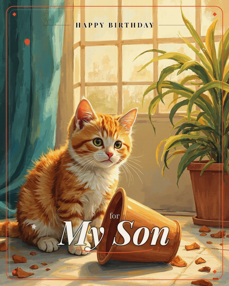 A ginger and white kitten sits by a sunlit window beside a teal curtain, looking innocently over its shoulder next to a toppled clay pot and scattered…, a birthday e-card design