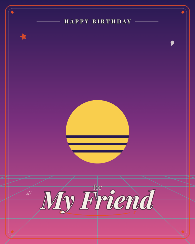 A retro synthwave sun hangs low over a glowing purple horizon, its yellow disc sliced by three dark bands, a birthday e-card design by @DittyCityTeam