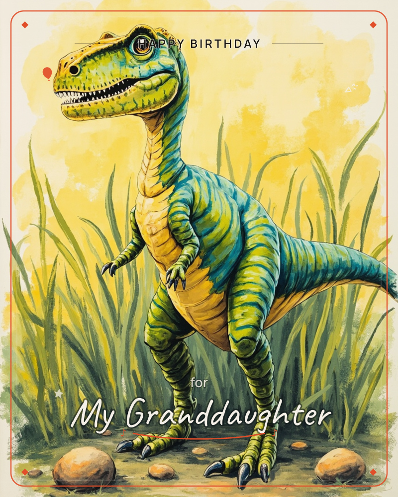 A young dinosaur with green and blue stripes stands among tall grass under a warm yellow sky, small rounded stones scattered at its feet, a birthday e-card design