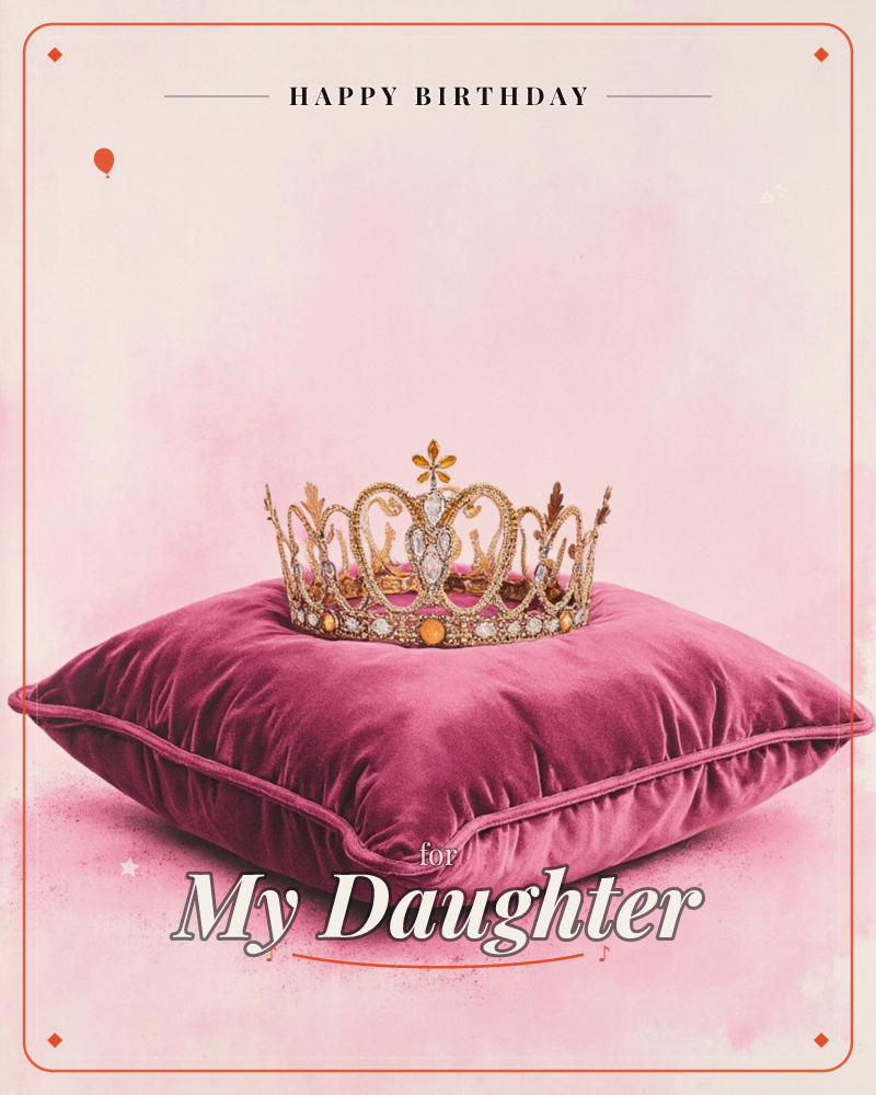 A jewelled gold crown rests on a plush magenta velvet cushion, set against a soft blush pink backdrop with faint painterly texture, a birthday e-card design