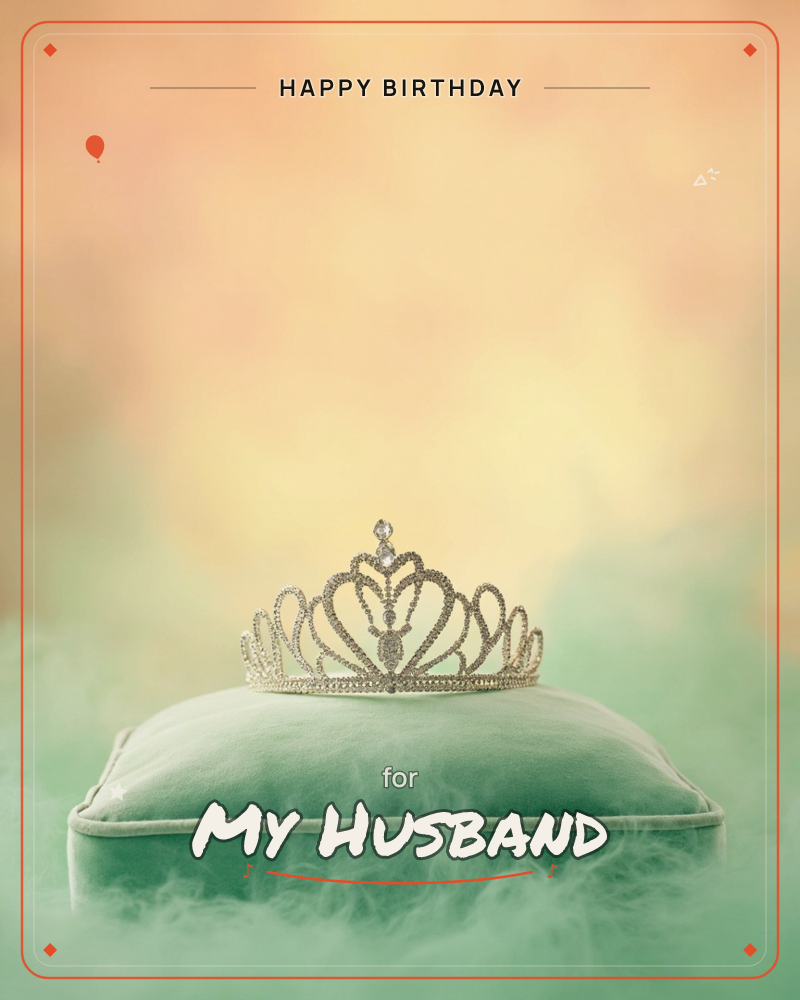 A jewelled silver tiara rests on a mint-green velvet cushion, wreathed in soft drifting mist, a birthday e-card design