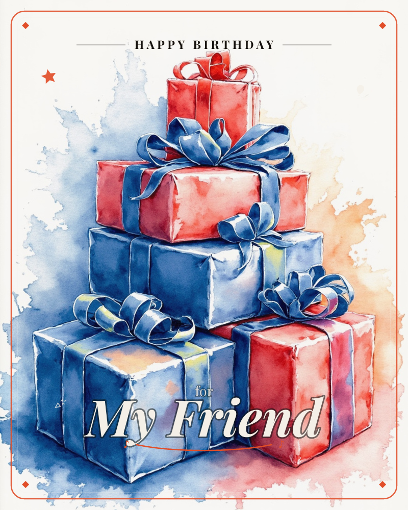 A stacked pyramid of wrapped gift boxes in red and deep blue, each tied with wide curling ribbon bows, glows against a soft watercolour bloom of gold…, a birthday e-card design
