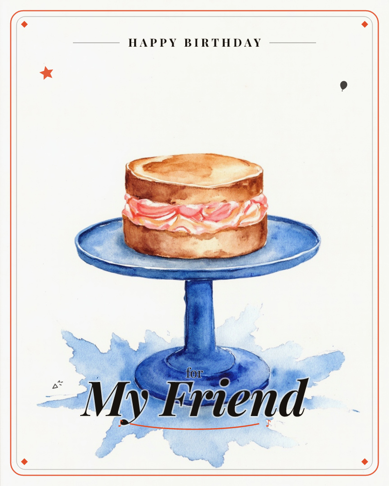 A simple sponge cake, split and filled with jam and cream, sits alone on a tall blue pedestal stand against a plain white background, a birthday e-card design