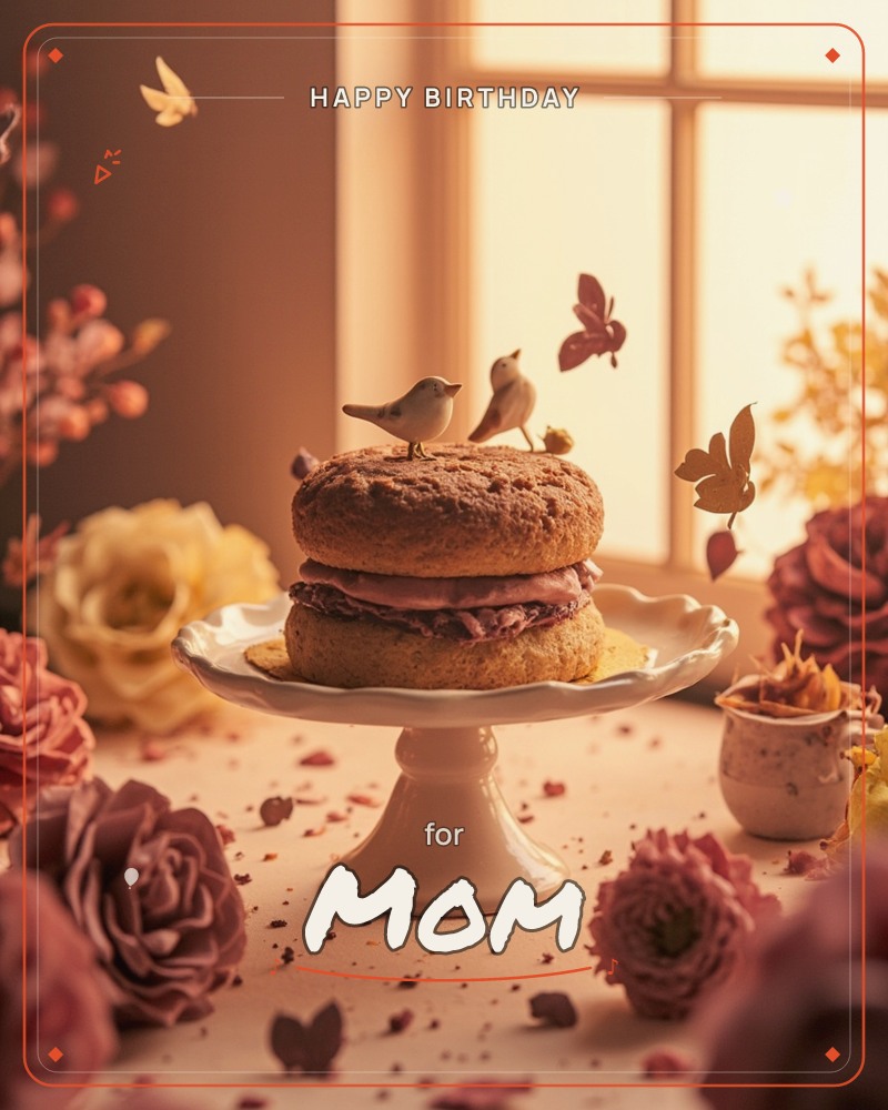 A homemade sponge cake with berry filling sits on a white pedestal stand by a sunlit window, two small birds perched on top as if mid-conversation, a birthday e-card design