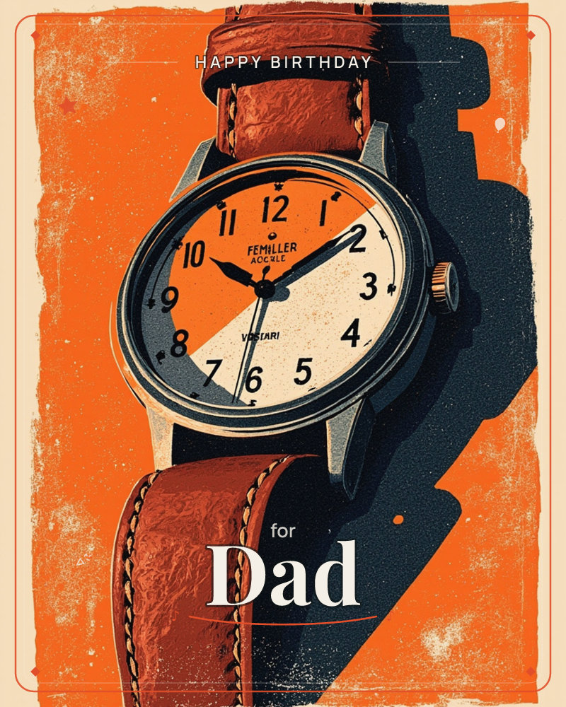 A close-up illustration of a classic wristwatch with a stitched brown leather strap, its round face rendered in cream and burnt orange with bold black…, a birthday e-card design
