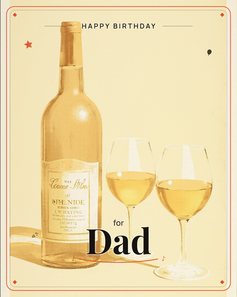 A tall bottle of white wine stands beside two filled glasses, all rendered in warm golden monochrome against a soft cream background, a birthday e-card design