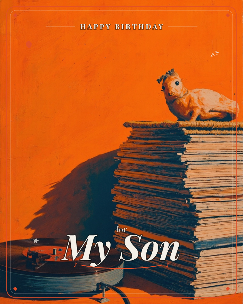 A small ceramic animal wearing a tiny crown perches on top of a tall, worn stack of vinyl record sleeves, all set against a bold, saturated orange…, a birthday e-card design