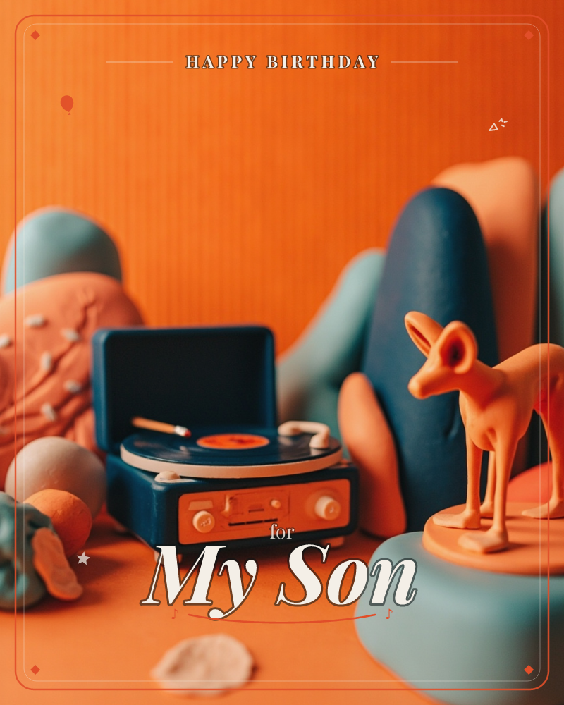 A miniature scene built from clay and sculpted props on a bright orange backdrop: a toy record player with its lid open sits centre stage, flanked by…, a birthday e-card design
