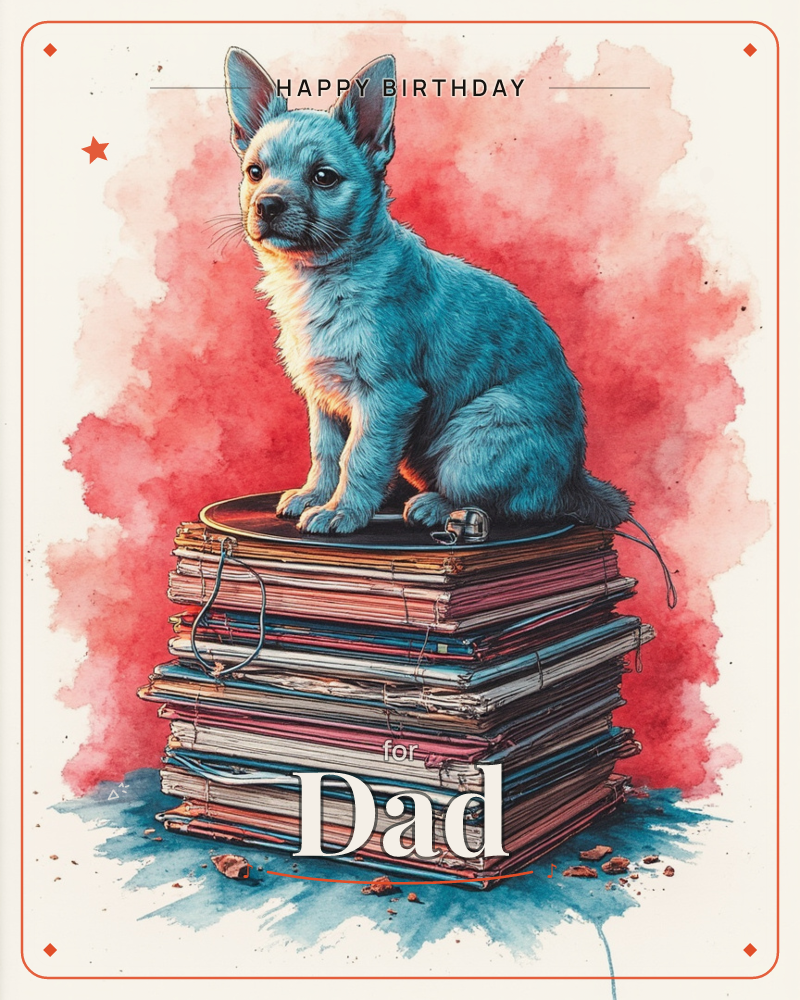 A blue-toned puppy with pricked ears sits perched on top of a tall stack of old vinyl records, surveying the scene with quiet alertness, a birthday e-card design