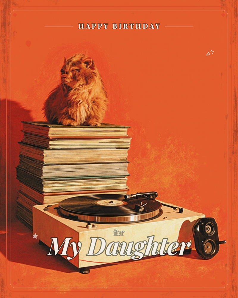 A shaggy orange-gold dog sits perched on top of a tall stack of record albums, gazing off to the side, all set against a bold, flat burnt-orange…, a birthday e-card design
