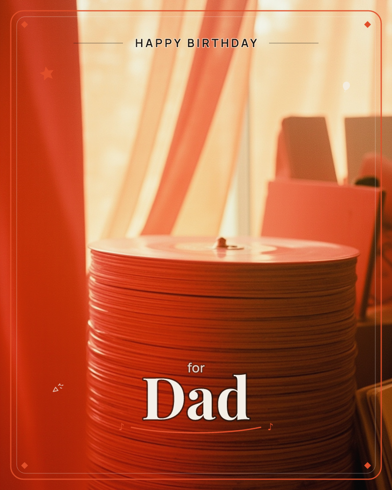 A tall stack of vinyl records glows amber and red in warm window light, with sheer curtains billowing softly behind them, a birthday e-card design