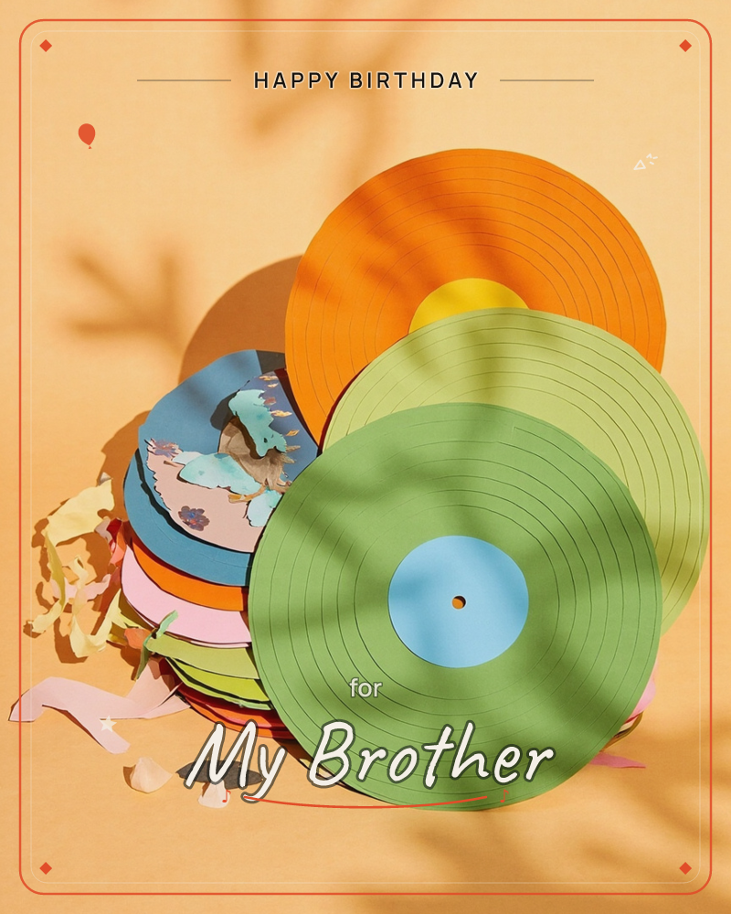 A stack of paper-cut vinyl records leans together against a warm apricot backdrop, with an orange and a green record propped up front, their center…, a birthday e-card design
