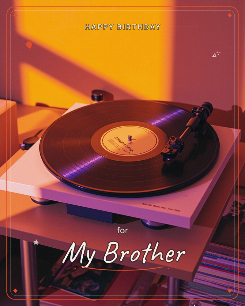 A vinyl record spins on a white turntable, warm orange sunset light slanting across the wall behind it and catching the tonearm's needle, a birthday e-card design