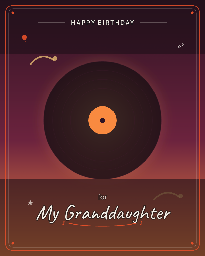 A vinyl record glows at the centre of the card, its black disc rimmed with a warm halo against a deep maroon and plum gradient sky, a birthday e-card design by @DittyCityTeam