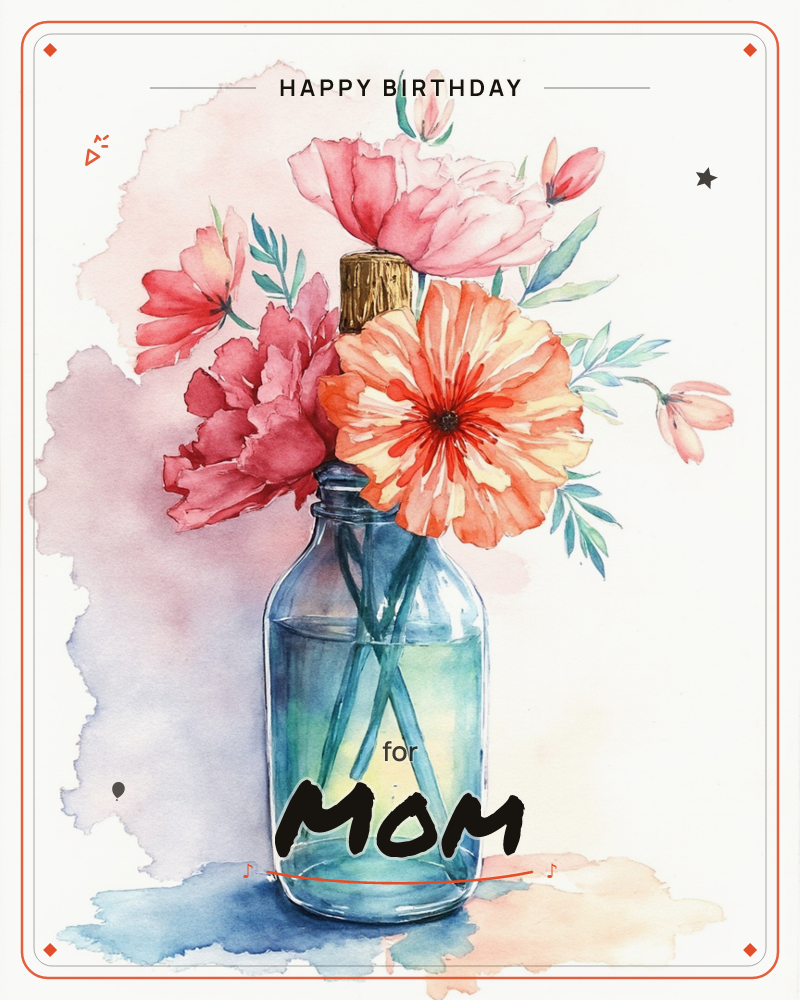 A watercolour bouquet of pink peonies, coral zinnias, and pale blush blooms sits gathered in an old glass bottle stoppered with a cork, a birthday e-card design