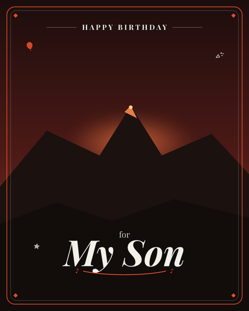 A jagged mountain range sits in near-total silhouette against a deep rust-red sky, the glow rising behind the tallest central peak like a hidden sunset…, a birthday e-card design by @DittyCityTeam