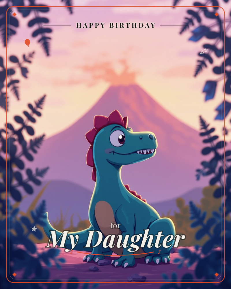 A cheerful teal dinosaur sits smiling in a prehistoric clearing, framed by dark silhouetted fern fronds, with a smoking volcano glowing pink and orange…, a birthday e-card design