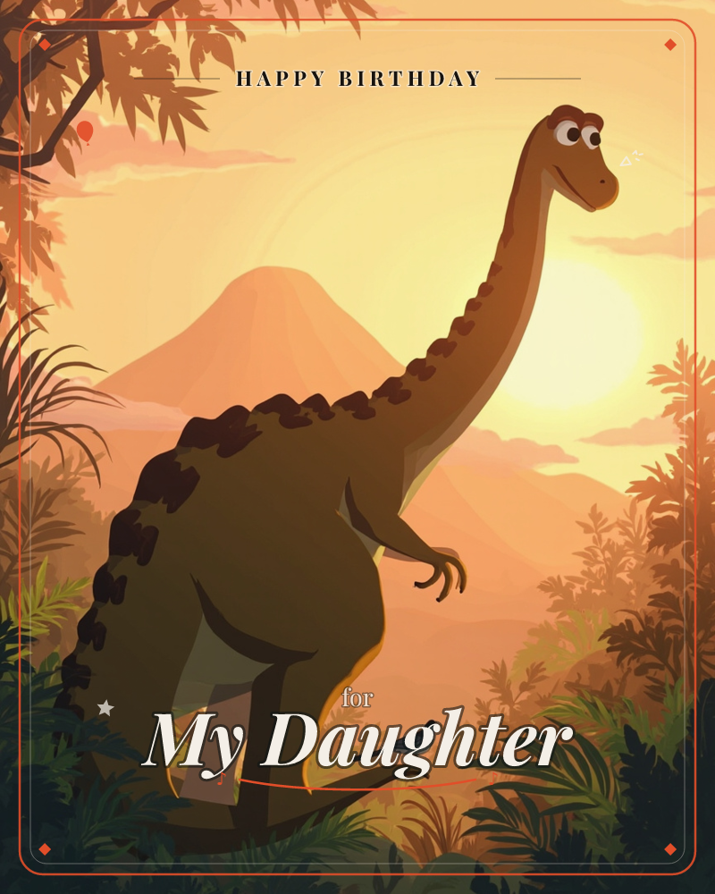 A long-necked cartoon dinosaur stands in a prehistoric jungle at sunset, its brown and olive hide dotted with dark spots, while a tiny bird perches on…, a birthday e-card design