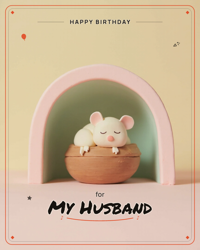 A small white mouse figurine naps with its paws draped over the rim of a little wooden bowl, tucked inside a pastel pink archway with a soft sage-green…, a birthday e-card design