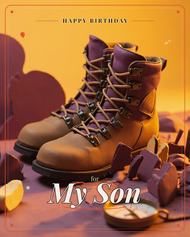 A pair of sturdy tan hiking boots with deep plum leather trim and metal lace hooks stands amid a sculpted terrain of rocky, sand-toned clay chunks, a birthday e-card design