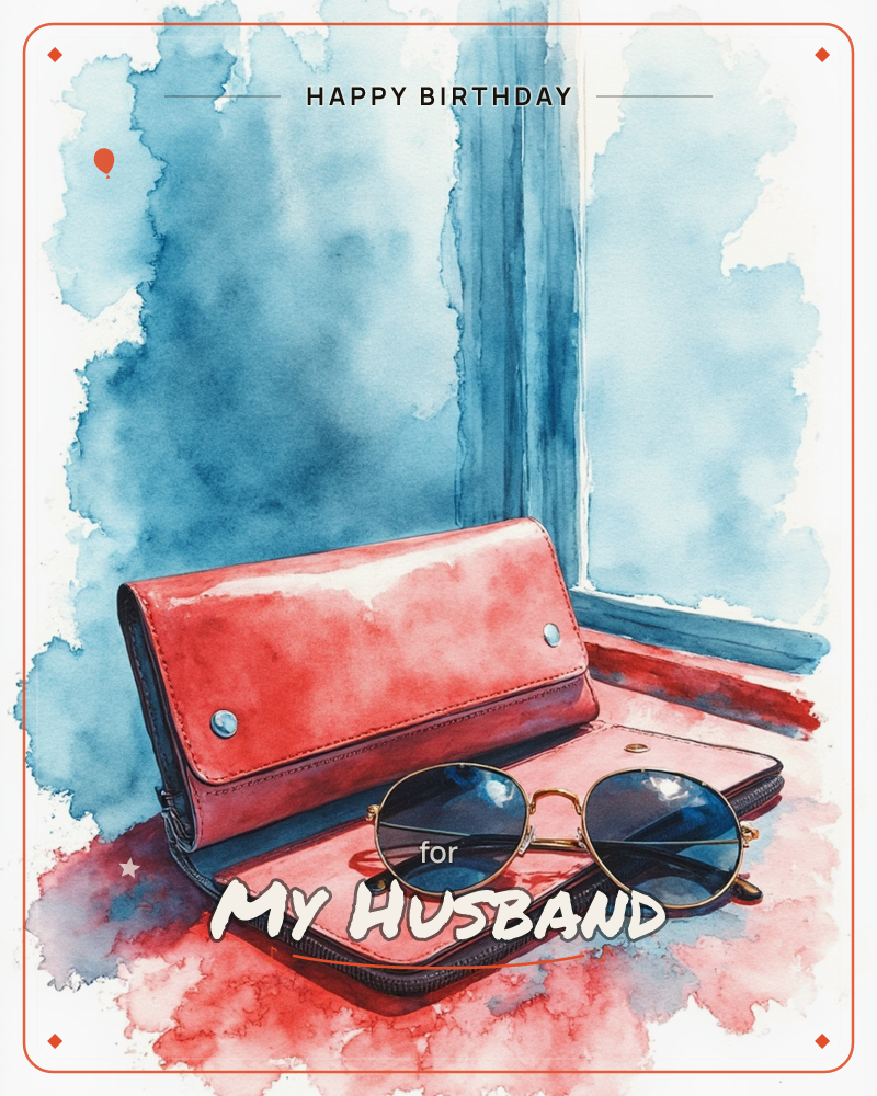 A red leather wallet sits open with a pair of round gold-rimmed sunglasses resting on top, set against a loose watercolour wash of deep blue windowpane…, a birthday e-card design