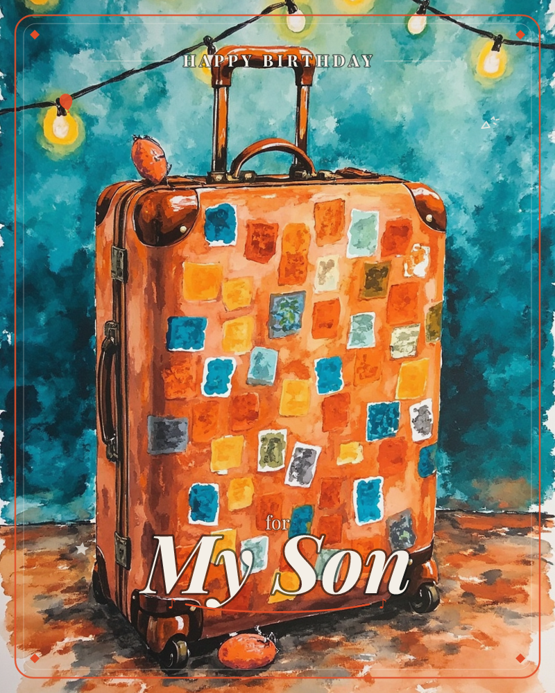 A vintage-style copper suitcase stands upright on a warm terracotta floor, its surface covered in patchwork travel stamps of blue, gold, and grey, a birthday e-card design