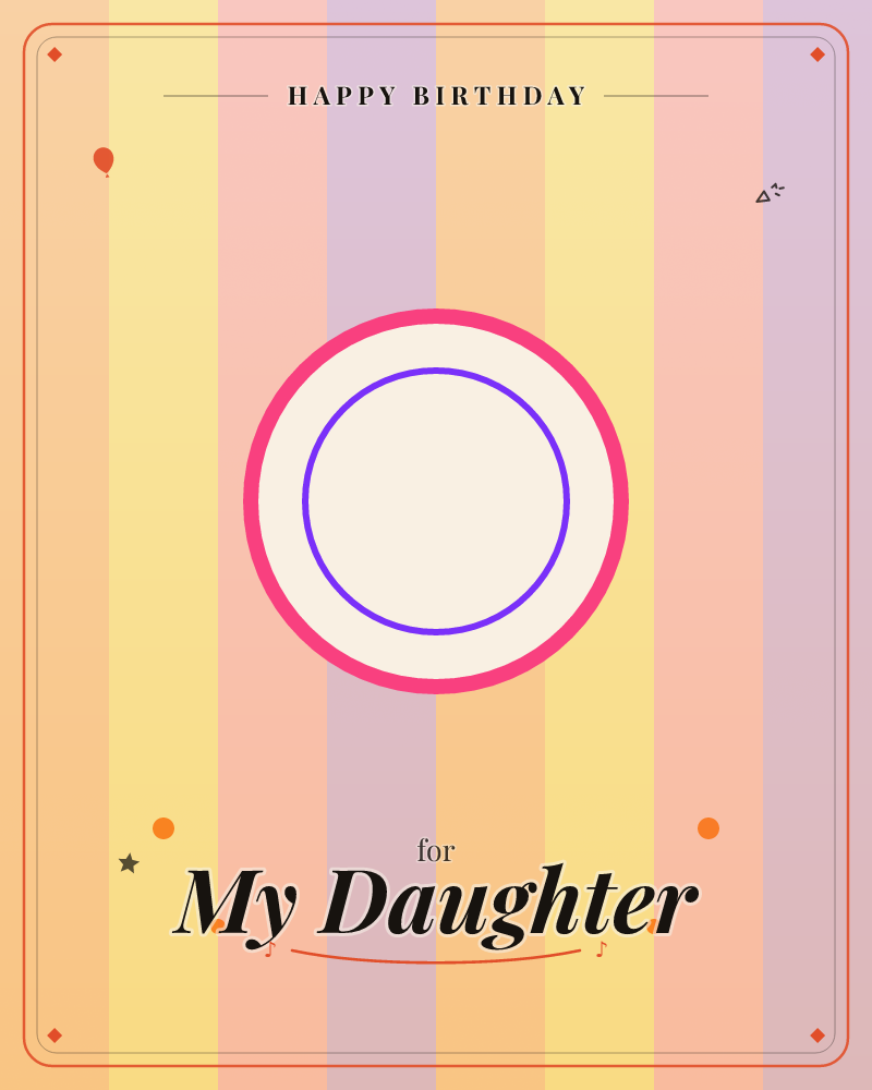 A soft blurred backdrop of vertical stripes in warm peach, lavender, and golden hues sets the stage for a bold central motif: a thick pink ring…, a birthday e-card design by @DittyCityTeam