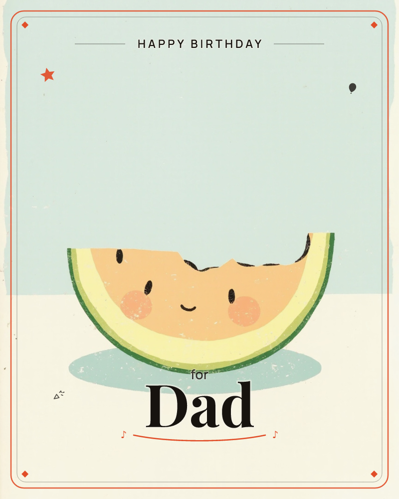 A single watermelon slice sits centre stage against a soft duck-egg blue backdrop and a pale tabletop, its rind bitten into on one corner, a birthday e-card design