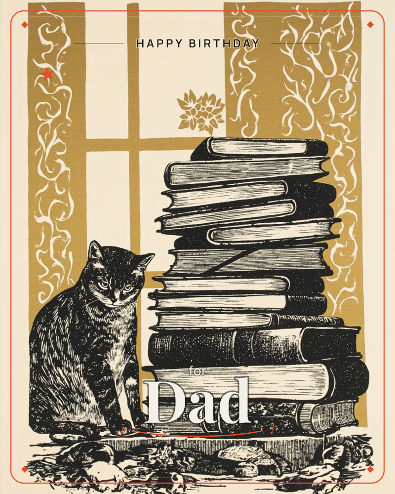 A cat sits primly beside a towering stack of leather-bound books, framed by a window with mustard-gold patterned curtains swirling with pale vine motifs, a birthday e-card design