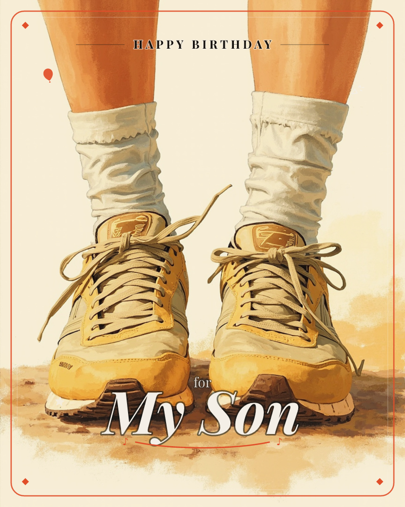 A close-up view of a pair of legs from the knee down, wearing slouchy cream socks and tan-and-mustard sneakers, standing on sunlit dusty ground, a birthday e-card design