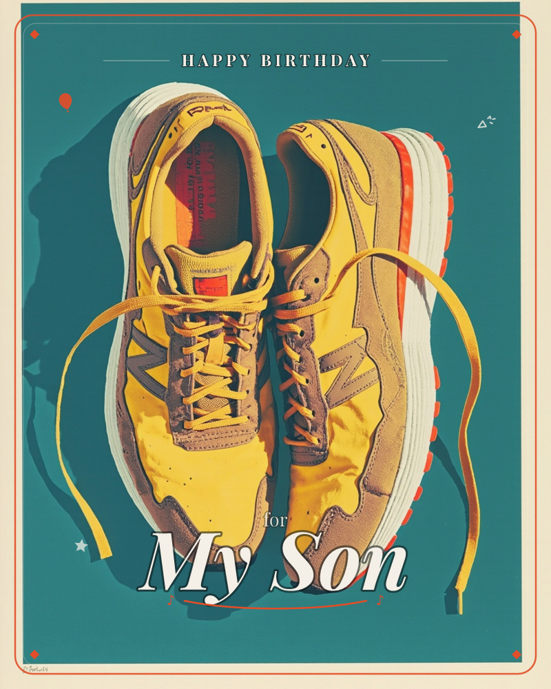 A pair of mustard-yellow suede sneakers with white soles and red trim sit laced up against a deep teal background, cast in sharp side lighting that…, a birthday e-card design
