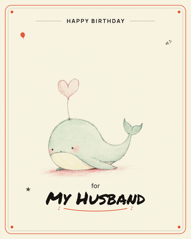 A round little whale with pink blushed cheeks sits on a soft cream background, spouting a small pink heart from its blowhole instead of water, a birthday e-card design
