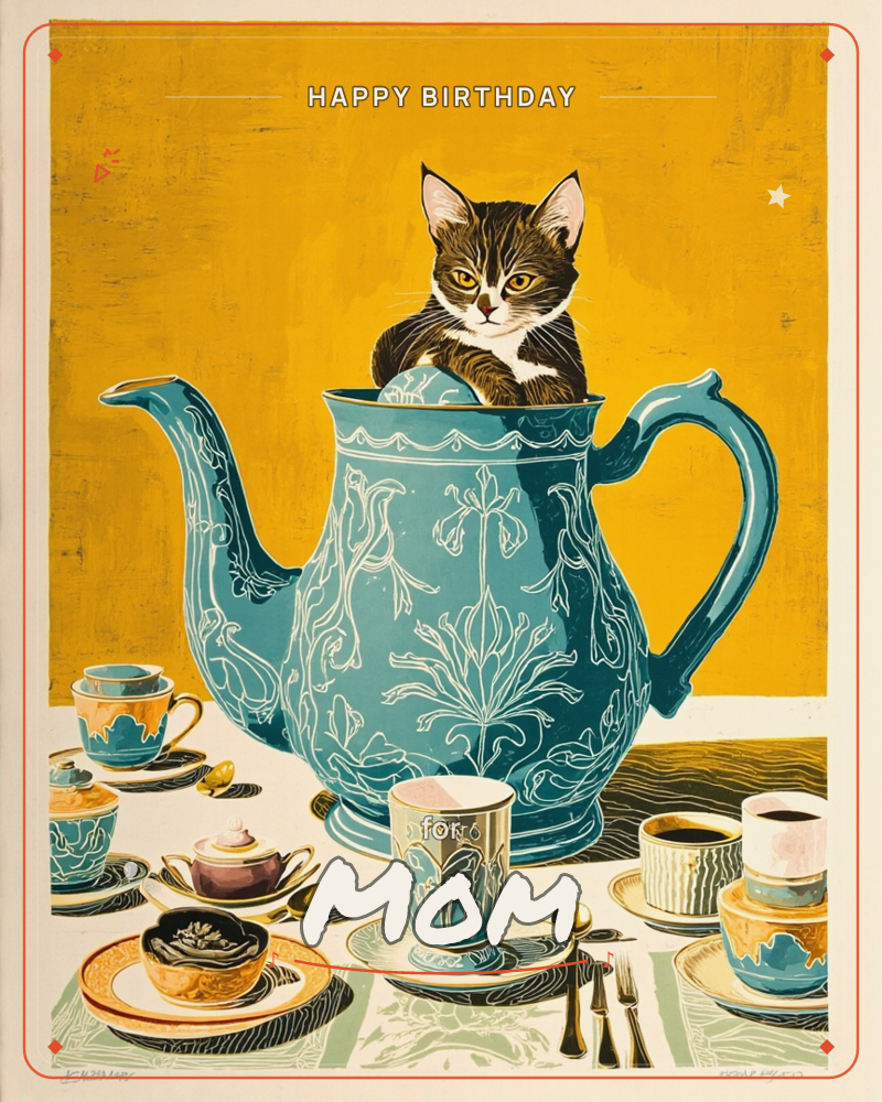 A tabby kitten perches inside a large teal teapot patterned with pale floral scrollwork, its front paws draped over the rim against a bold…, a birthday e-card design
