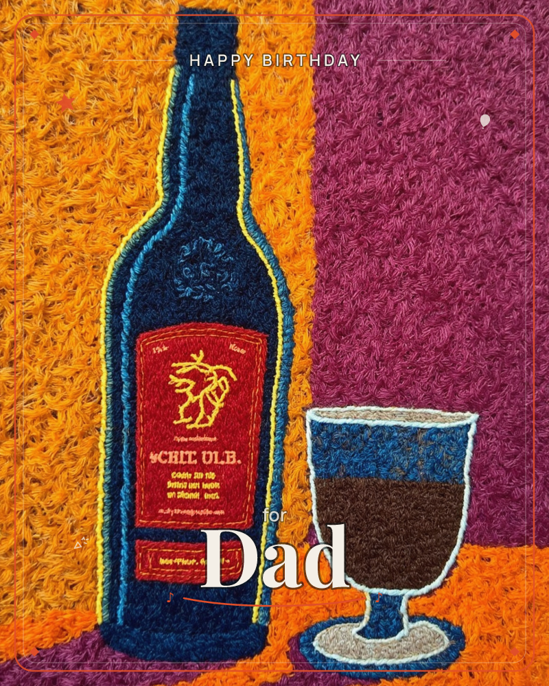 A tufted, plush-textured still life shows a dark bottle with a red label and a stemmed glass of dark liquid, set against a bold two-tone backdrop of…, a birthday e-card design
