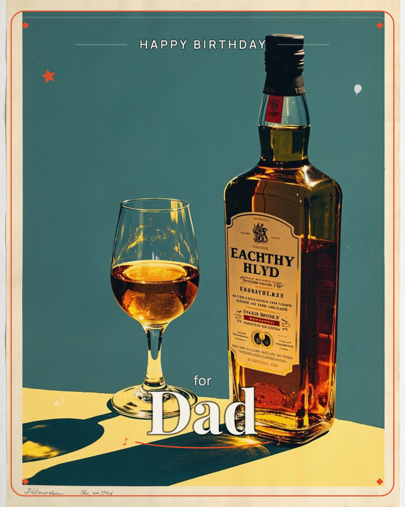 A tall bottle of amber spirits stands beside a half-filled wine glass on a sunlit yellow tabletop, set against a flat teal-blue background, a birthday e-card design