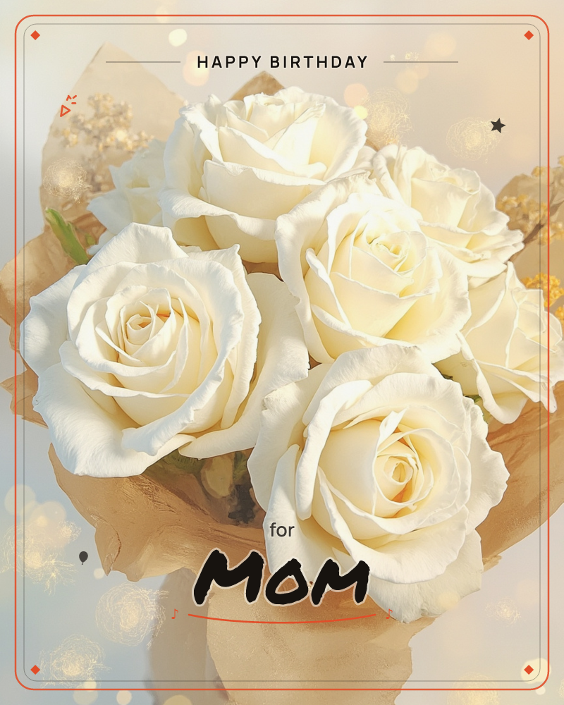 A tight bouquet of full-bloom ivory roses sits wrapped in kraft-brown paper, their petals glowing softly against a hazy backdrop scattered with golden…, a birthday e-card design