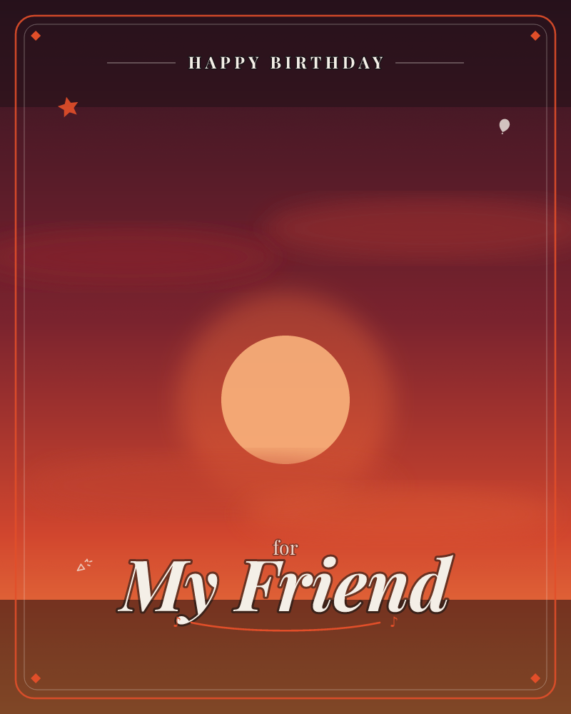 A glowing peach-toned sun hangs low in a deep red sky, softly haloed and reflected through hazy horizontal clouds, a birthday e-card design by @DittyCityTeam