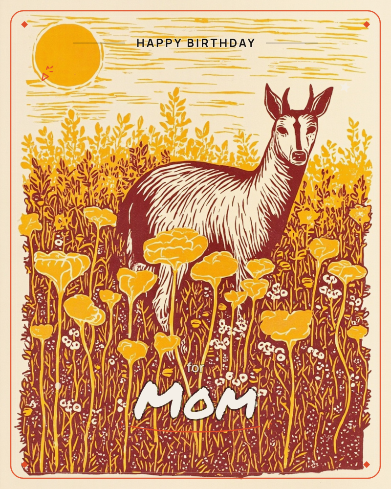 A young deer with small antlers stands alert in a tall meadow of wildflowers, turning to look directly out at the viewer, a birthday e-card design