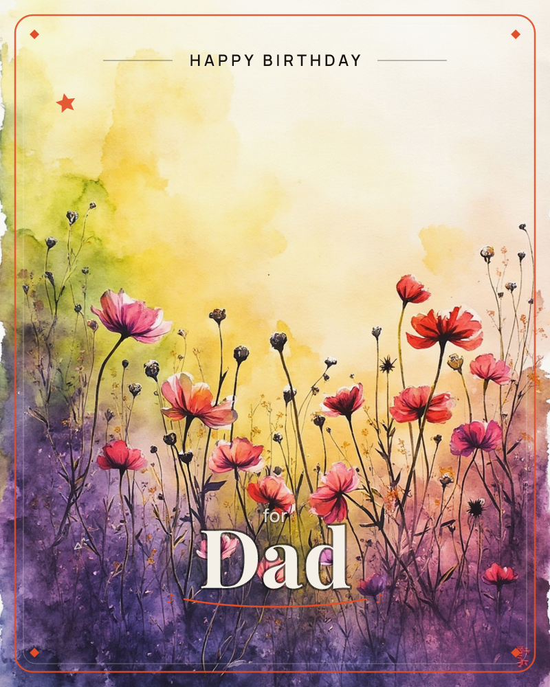 A meadow of red and pink poppies sways on slender dark stems against a glowing yellow sky, with a wash of deep purple grounding the earth below, a birthday e-card design