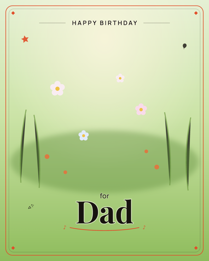 A soft green meadow glows under a hazy gradient sky, with tall slender blades of grass framing an open patch of ground, a birthday e-card design by @DittyCityTeam