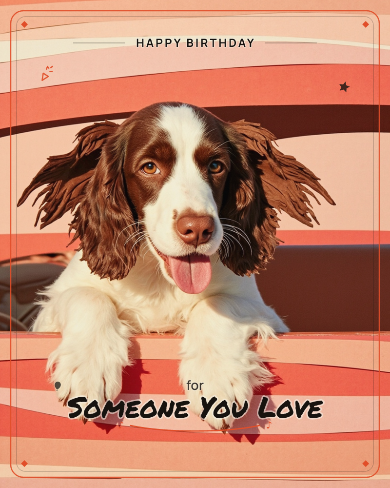 A brown and white springer spaniel leans forward with paws resting on a ledge, tongue out and ears flopped either side of its face, a birthday e-card design