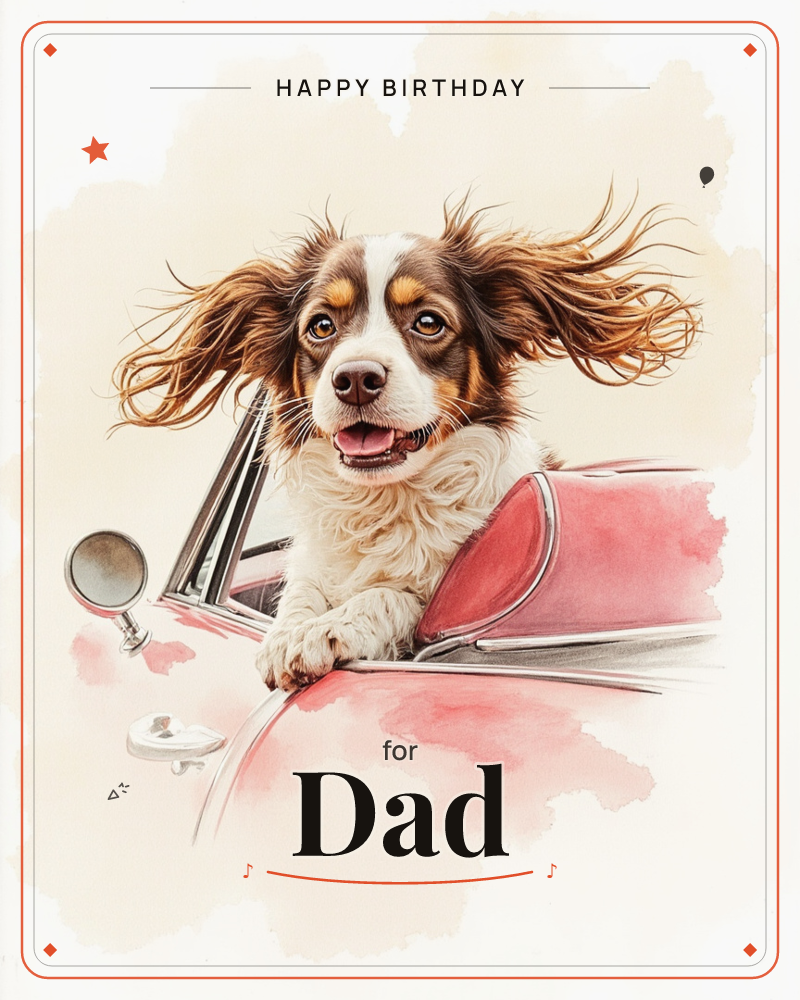 A brown-and-white spaniel leans out of a pink convertible with its ears blown wide by the wind and tongue lolling in a happy grin, a birthday e-card design
