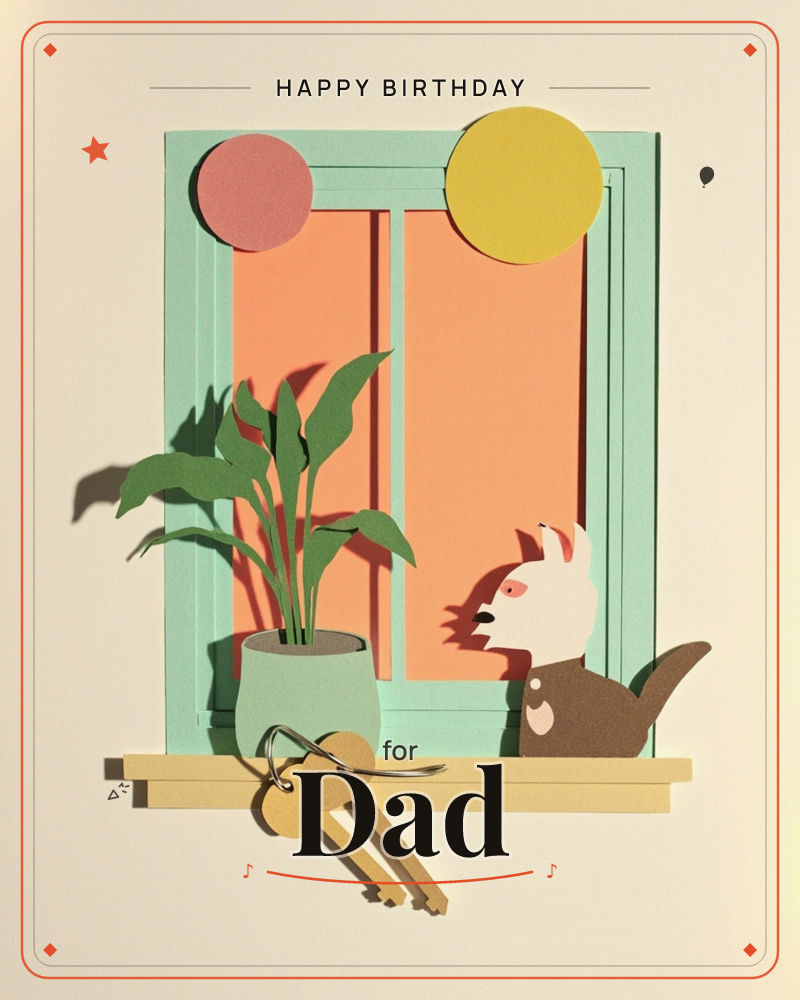 A paper-craft illustration of a mint-green window with an orange pane, two overlapping circles of pink and yellow hovering above it like a sun and moon, a birthday e-card design