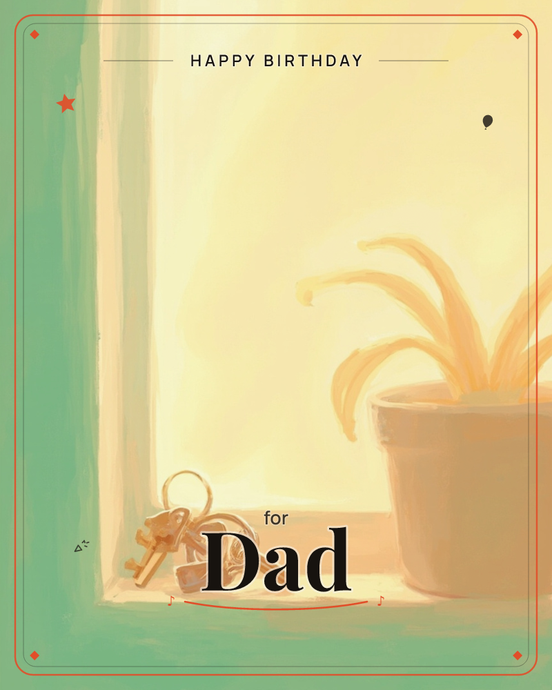 A sunlit windowsill glows in warm golden light, with a set of keys resting beside a potted plant whose long leaves lean toward the window, a birthday e-card design