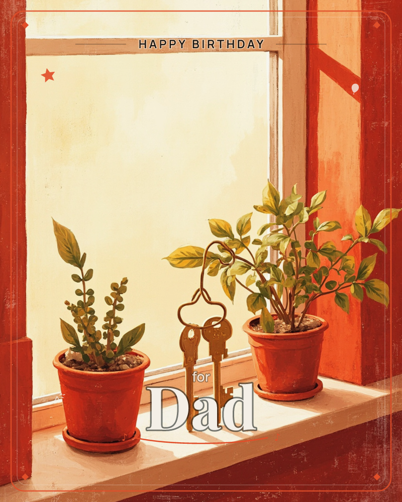A sunlit windowsill holds two terracotta pots of green leafy plants with a small brass keyring resting between them, its keys catching the light, a birthday e-card design