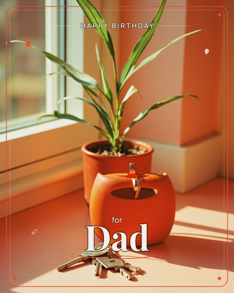 A sunlit windowsill glows in warm terracotta tones, with a potted green plant, a curvy orange dish holding a ring, and a set of keys resting nearby, a birthday e-card design