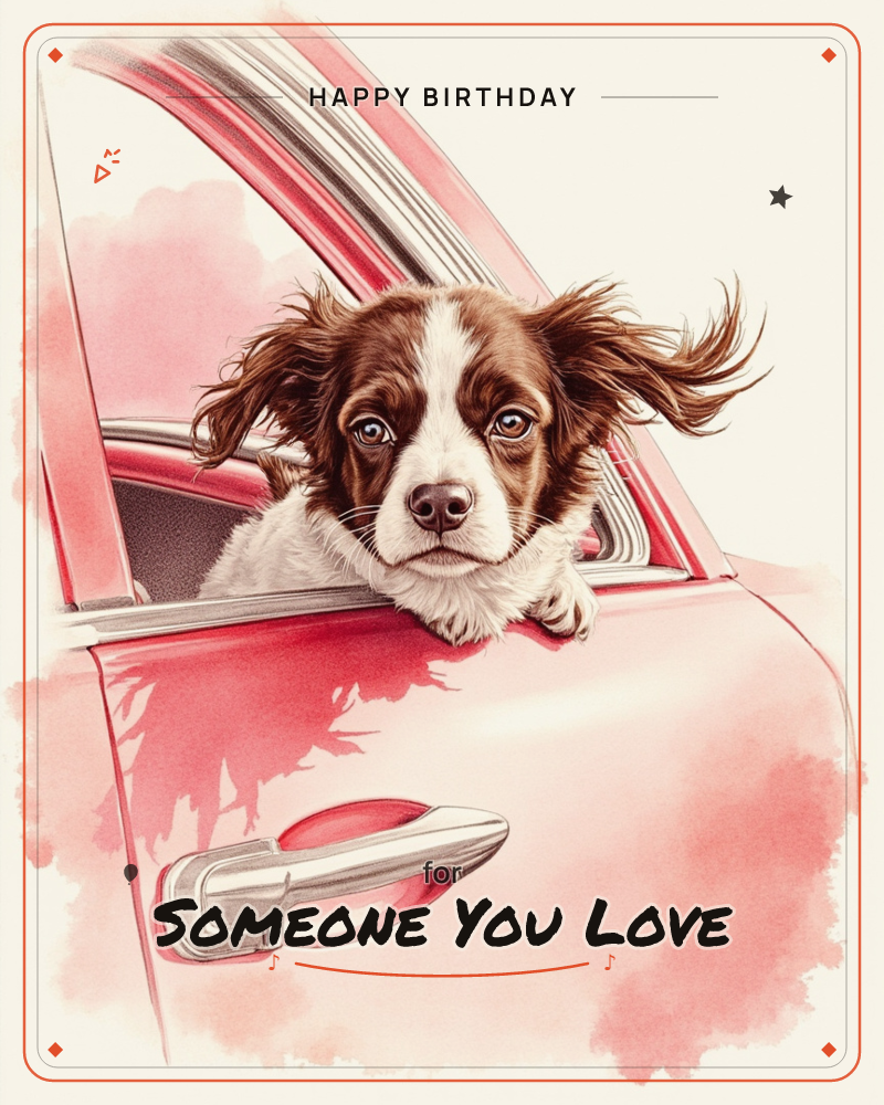 A brown and white spaniel leans out of the window of a pink vintage car, ears blown back by the wind and paws resting on the door, a birthday e-card design
