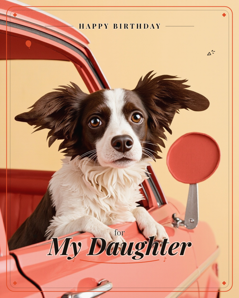 A brown-and-white spaniel-eared dog leans out of a vintage red car window, ears blown back by the wind and paws resting on the door, a birthday e-card design