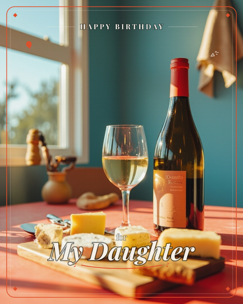A sunlit table by a window holds a wine bottle with a red-foiled cap, a glass of pale gold wine, and a wooden board scattered with wedges of cheese and…, a birthday e-card design