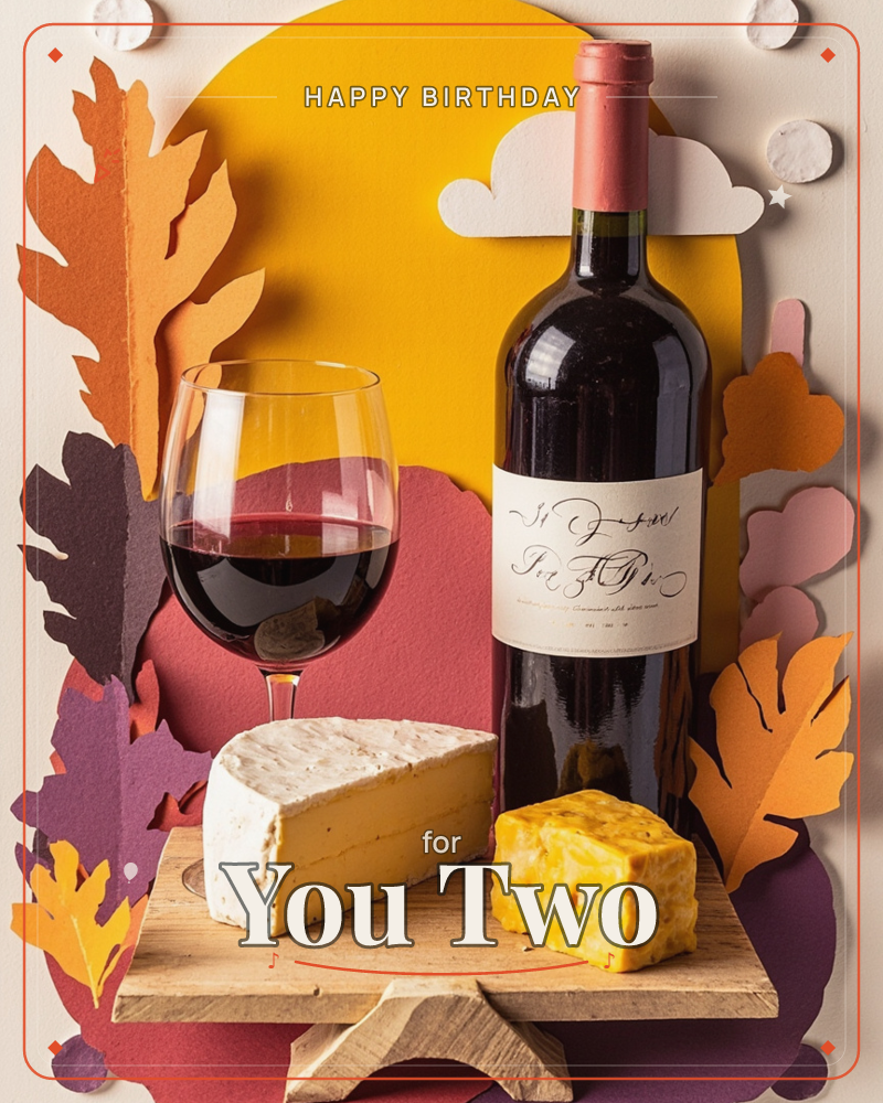 A paper-craft still life shows a bottle of red wine, a filled glass, and a wooden board with two wedges of cheese, all set against layered die-cut…, a birthday e-card design